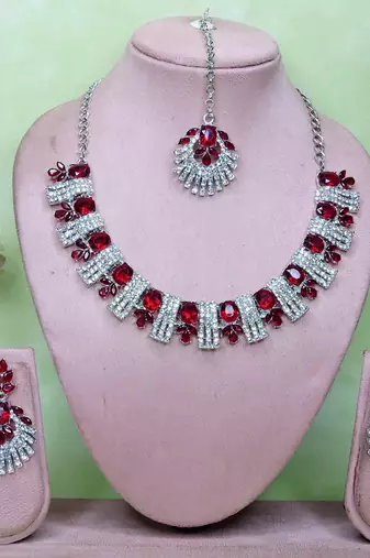 Maroon rhodium premium designer american diamond and stone work necklace set