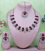 Maroon rhodium premium designer american diamond and stone work necklace set