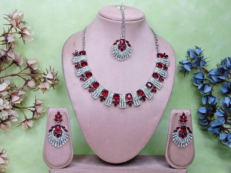 Maroon rhodium premium designer american diamond and stone work necklace set