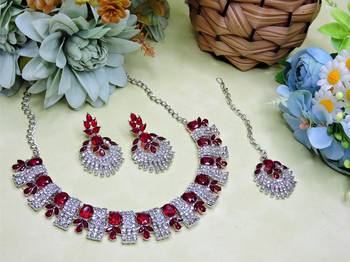 Maroon rhodium premium designer american diamond and stone work necklace set 2