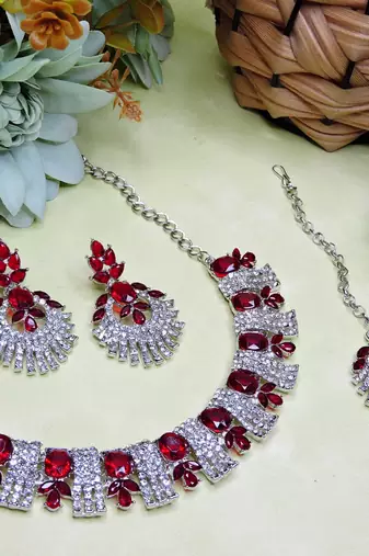 Maroon rhodium premium designer american diamond and stone work necklace set