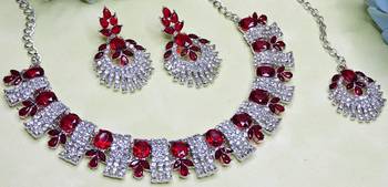 Maroon rhodium premium designer american diamond and stone work necklace set 3