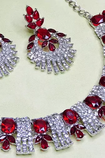 Maroon rhodium premium designer american diamond and stone work necklace set