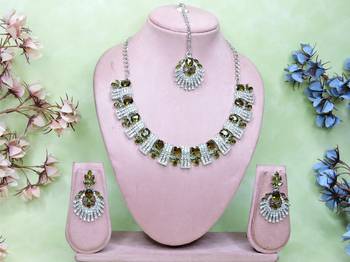 Green rhodium premium designer american diamond and stone work necklace set 1