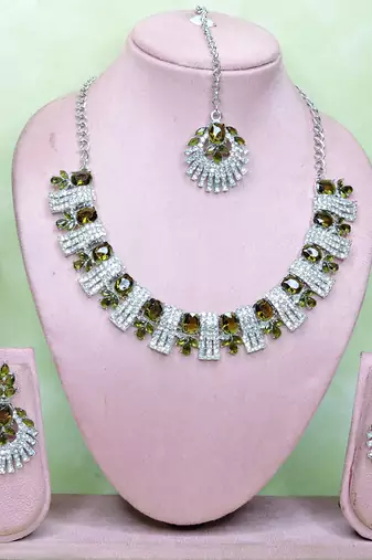 Green rhodium premium designer american diamond and stone work necklace set