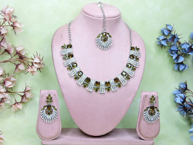 Green rhodium premium designer american diamond and stone work necklace set