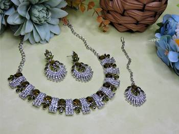 Green rhodium premium designer american diamond and stone work necklace set 2