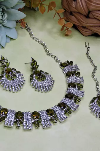 Green rhodium premium designer american diamond and stone work necklace set