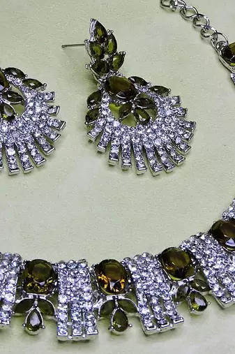 Green rhodium premium designer american diamond and stone work necklace set