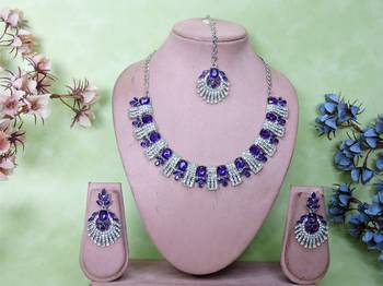 Blue rhodium premium designer american diamond and stone work necklace set 1