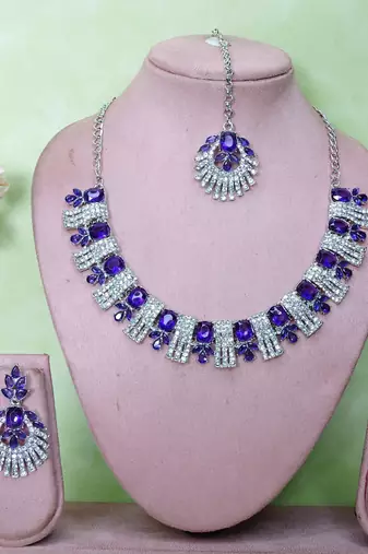 Blue rhodium premium designer american diamond and stone work necklace set