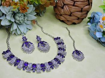 Blue rhodium premium designer american diamond and stone work necklace set 2