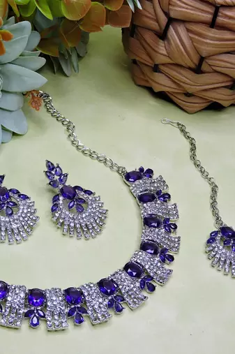Blue rhodium premium designer american diamond and stone work necklace set