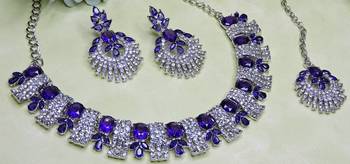 Blue rhodium premium designer american diamond and stone work necklace set 3