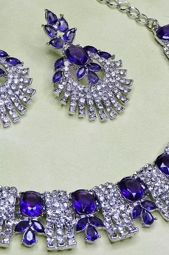 Blue rhodium premium designer american diamond and stone work necklace set