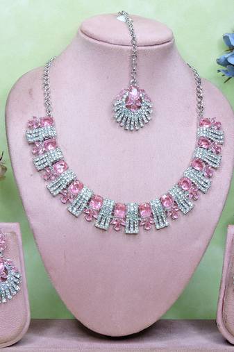 Pink rhodium premium designer american diamond and stone work necklace set