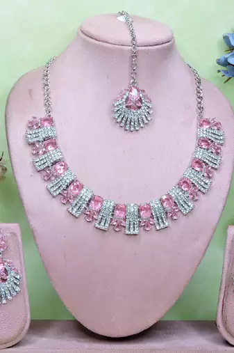 Pink rhodium premium designer american diamond and stone work necklace set