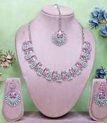 Pink rhodium premium designer american diamond and stone work necklace set