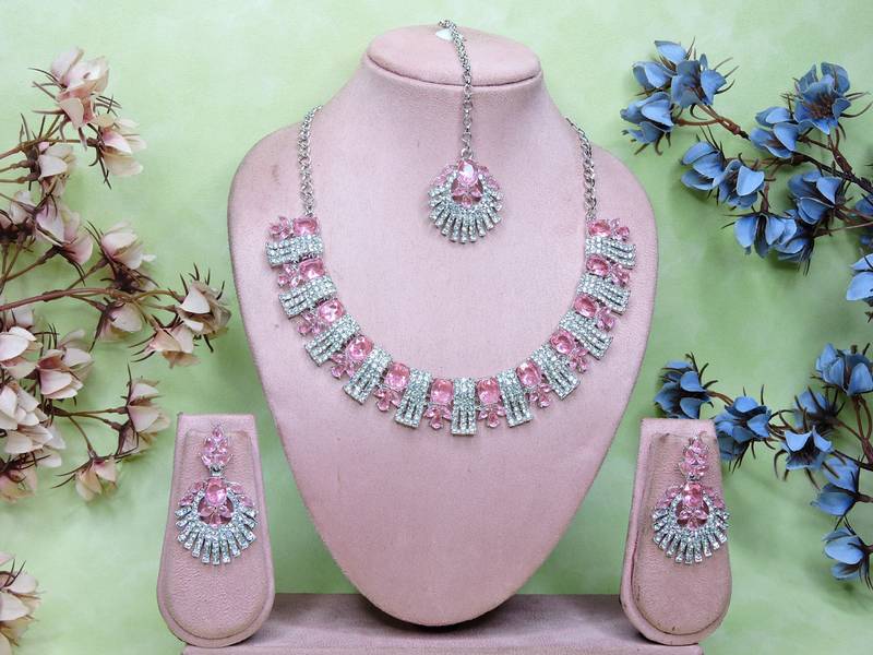 Pink rhodium premium designer american diamond and stone work necklace set