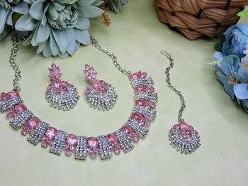 Pink rhodium premium designer american diamond and stone work necklace set 2