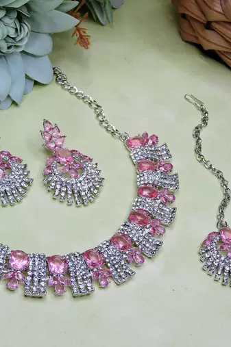 Pink rhodium premium designer american diamond and stone work necklace set