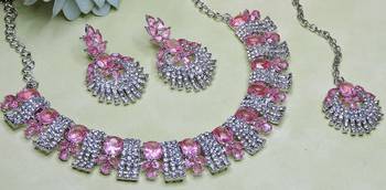 Pink rhodium premium designer american diamond and stone work necklace set 3