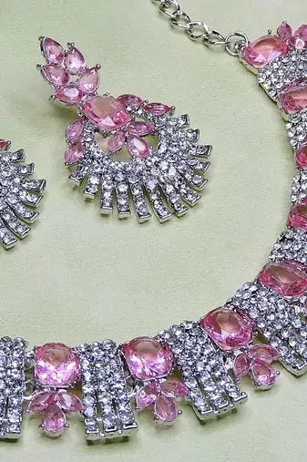 Pink rhodium premium designer american diamond and stone work necklace set