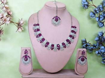 Purple rhodium premium designer american diamond and stone work necklace set 1