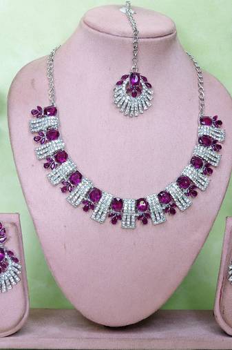 Purple rhodium premium designer american diamond and stone work necklace set