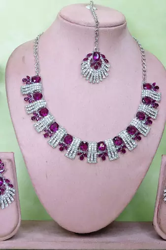 Purple rhodium premium designer american diamond and stone work necklace set