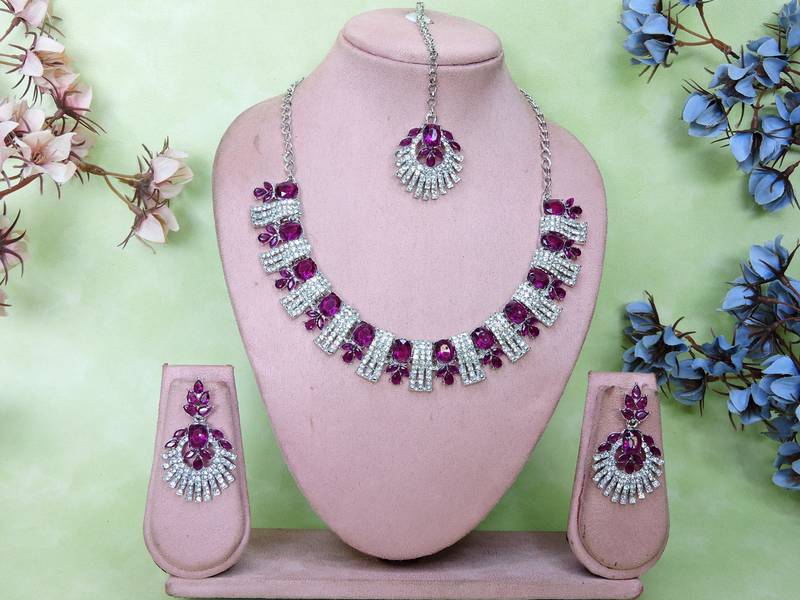 Purple rhodium premium designer american diamond and stone work necklace set