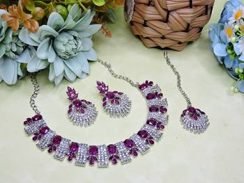 Purple rhodium premium designer american diamond and stone work necklace set 2