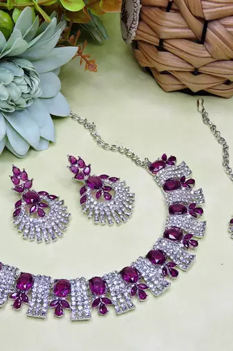 Purple rhodium premium designer american diamond and stone work necklace set