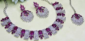 Purple rhodium premium designer american diamond and stone work necklace set 3