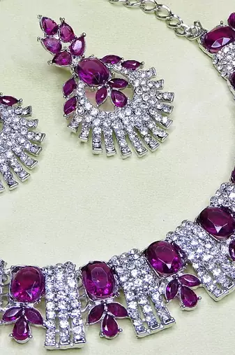 Purple rhodium premium designer american diamond and stone work necklace set