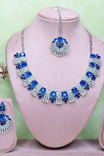 Blue rhodium premium designer american diamond and stone work necklace set