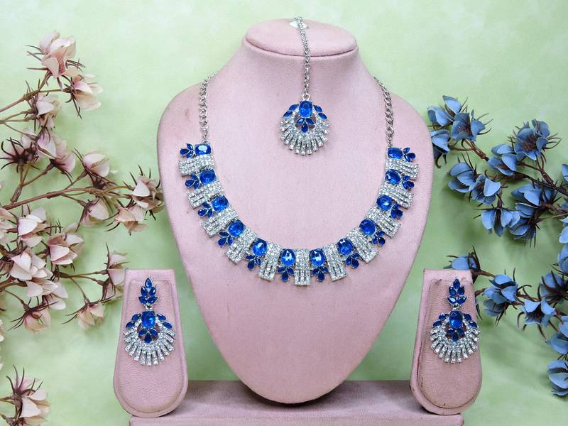 Blue rhodium premium designer american diamond and stone work necklace set