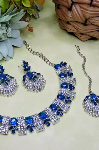Blue rhodium premium designer american diamond and stone work necklace set
