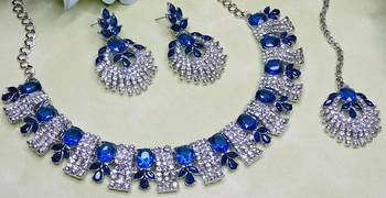 Blue rhodium premium designer american diamond and stone work necklace set 3