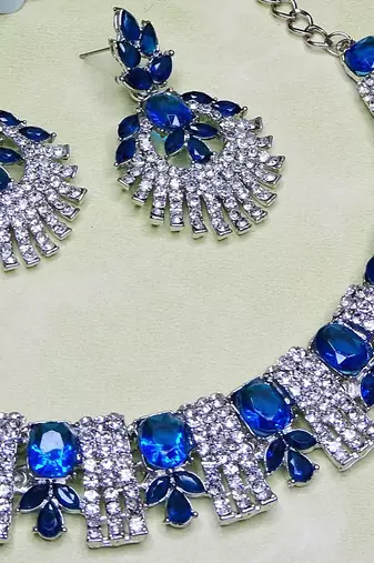 Blue rhodium premium designer american diamond and stone work necklace set
