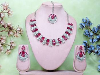 Pink rhodium premium designer american diamond and stone work necklace set 1
