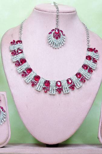 Pink rhodium premium designer american diamond and stone work necklace set