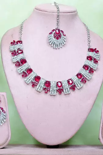 Pink rhodium premium designer american diamond and stone work necklace set