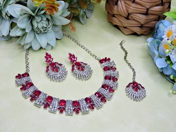 Pink rhodium premium designer american diamond and stone work necklace set 2