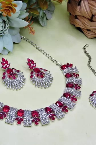 Pink rhodium premium designer american diamond and stone work necklace set