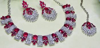 Pink rhodium premium designer american diamond and stone work necklace set 3