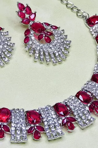 Pink rhodium premium designer american diamond and stone work necklace set