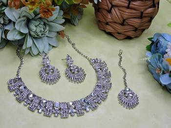 White rhodium premium designer american diamond and stone work necklace set 2