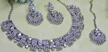 White rhodium premium designer american diamond and stone work necklace set 3