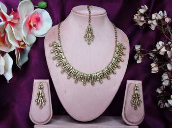 Gold yellow gold premium designer american diamond and stone work necklace set 1